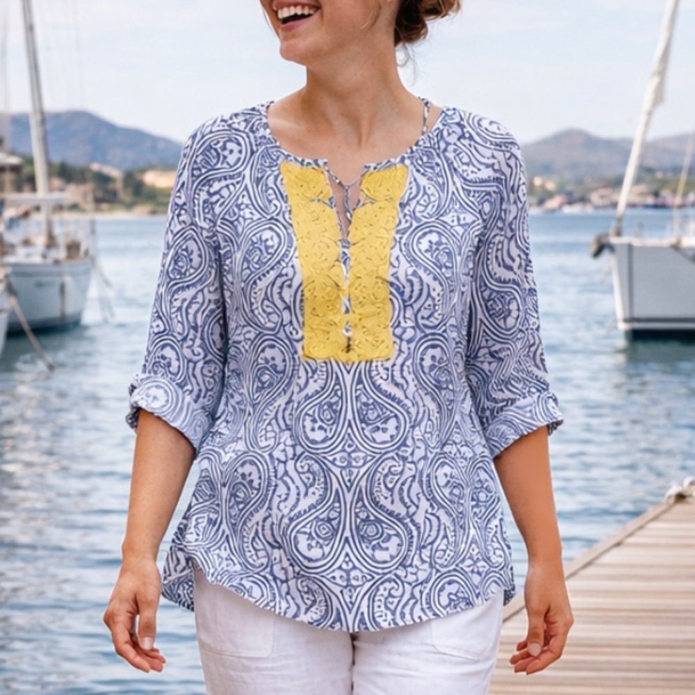 Talbots Tunic Top 2XL COTTON Beaded V-Neck Roll Up Sleeves Blue White Boho Flowy